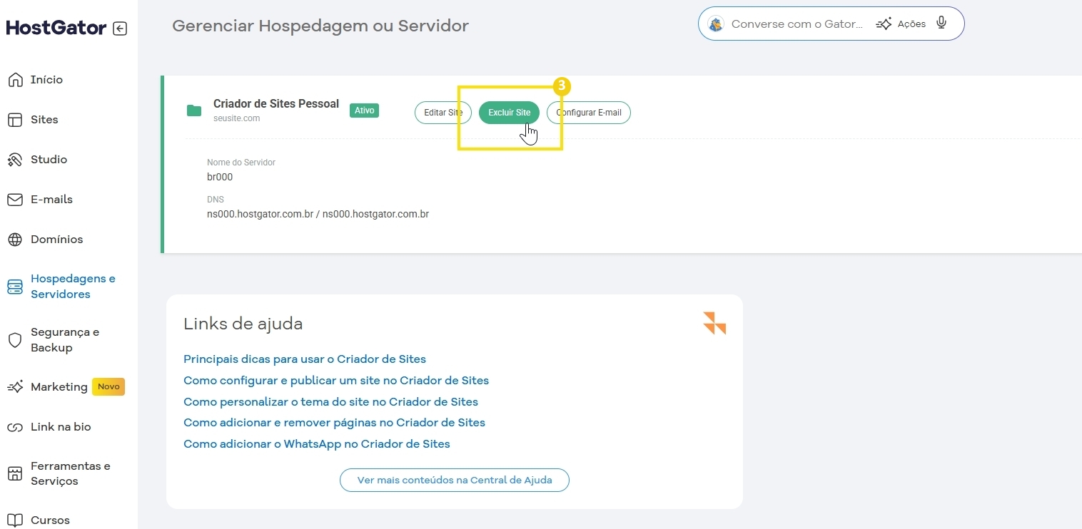 A imagem mostra o botão Excluir Site em destaque. O painel exibe a interface do gerenciamento do plano Criador de Sites.  