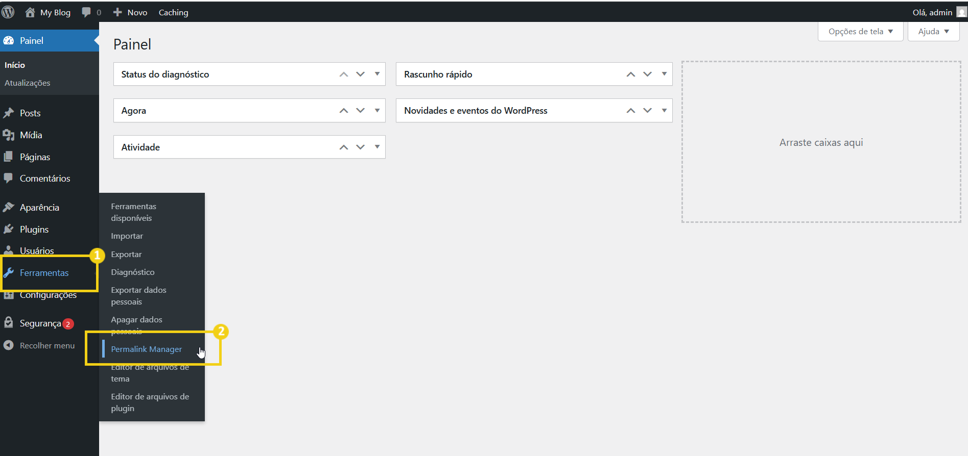Imagem mostra a tela do painel editor do WordPress, com a marcação no item "Ferramentas" e em seguida em "Permalink Manager Lite"