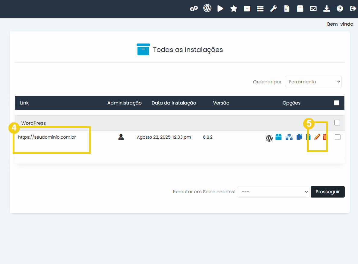 Imagem do painel de controle do WordPress exibindo a instalação do WordPress em uma plataforma de gerenciamento de sites.