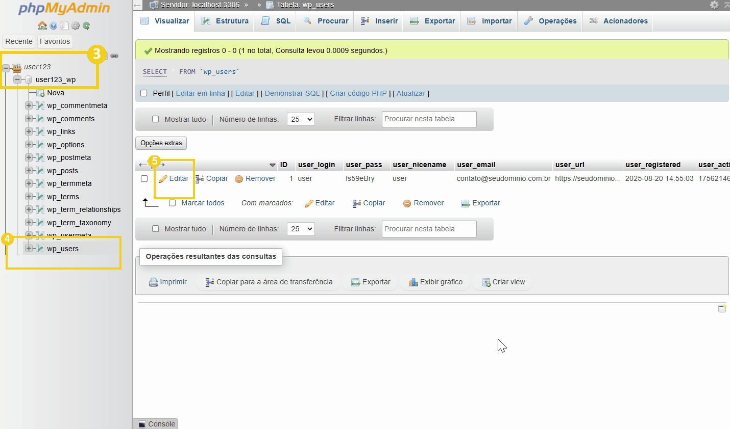 Imagem de uma tela de banco de dados mostrando a tabela 'wp_users' aberta para edição, com opções de comando como editar.