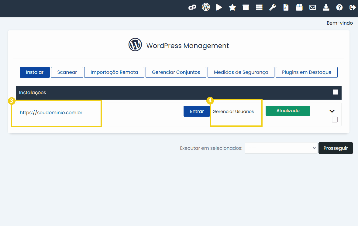 Tela de gerenciamento de usuários no painel WordPress Management, destacando a opção 'Gerenciar Usuários' para alteração de dados de acesso.