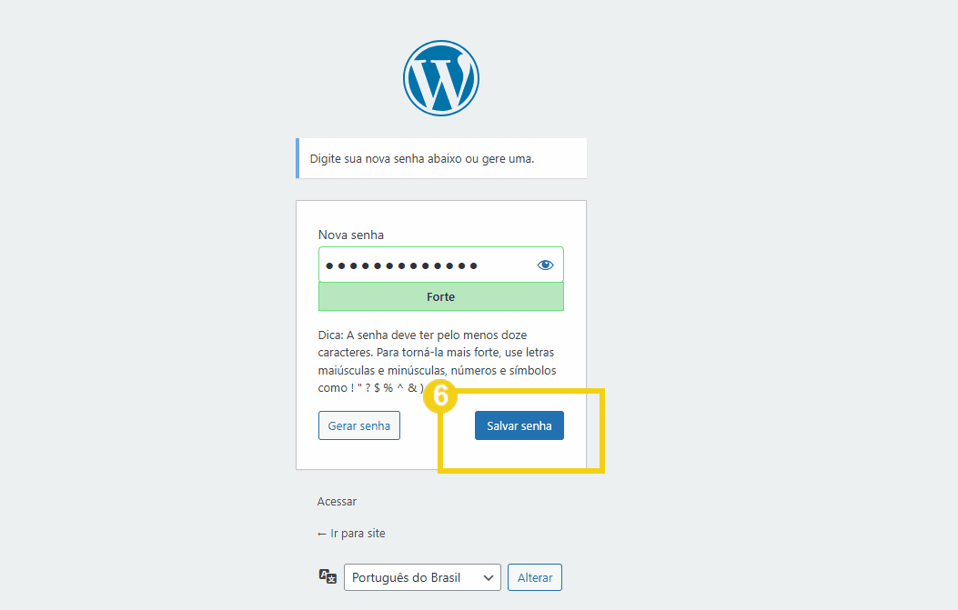 Tela de login do WordPress mostrando o campo da nova senha e o botão para Salvar senha