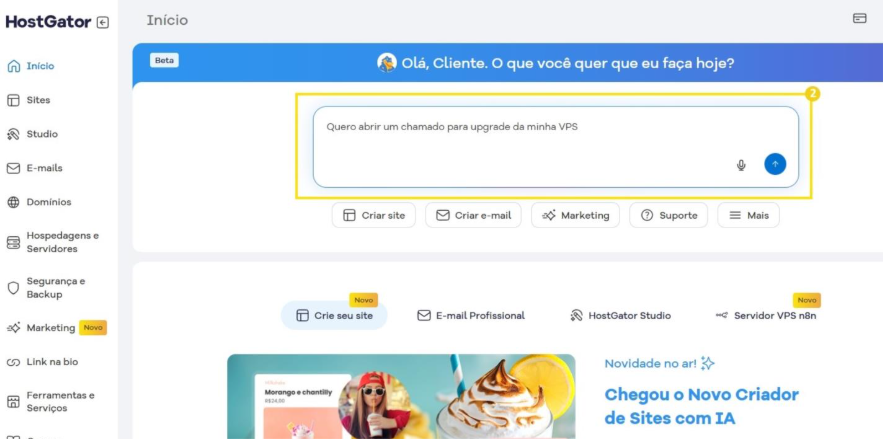 Campo de texto realçado, mostrando o texto 'Quero abrir um chamado para upgrade da minha VPS' e um botão de envio à direita.