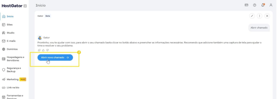 Interface do HostGator com o chat do Gator exibindo em destaque o botão "Abrir novo chamado".
