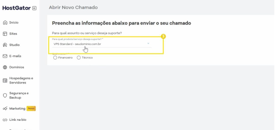 Tela de abertura de chamado, com o campo de seleção de produto/serviço exibindo 'VPS Standard - seudominio.com.br' e o cursor sobre ele.