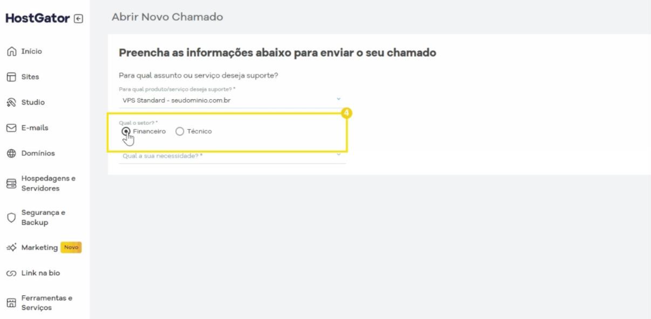 Interface de abertura de chamado exibindo o produto 'VPS Standard' selecionado e a opção 'Financeiro' selecionada na escolha de setor. 