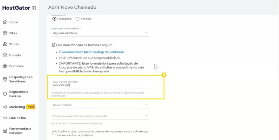 Campo "Qual o IP do servidor?" destacado com o valor IP preenchido na tela de abertura de chamado para upgrade de VPS.