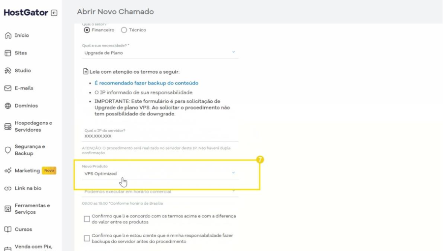 Tela de abertura de chamado para upgrade de VPS, com o campo 'Novo Produto' exibindo o novo plano de VPS e um cursor de mouse sobre ele.