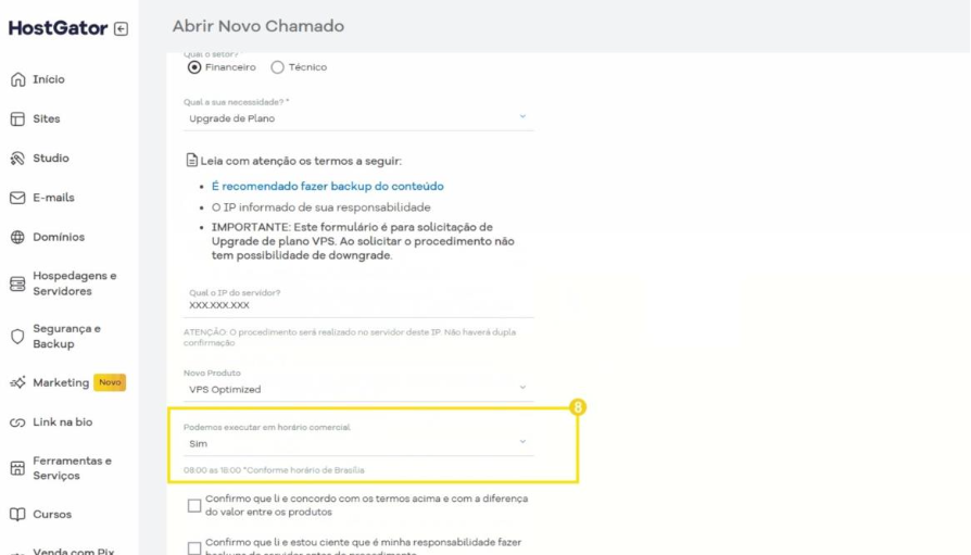 Formulário de abertura de chamado para upgrade de plano VPS com campos preenchidos, destacando as opções de agendamento em horário comercial.