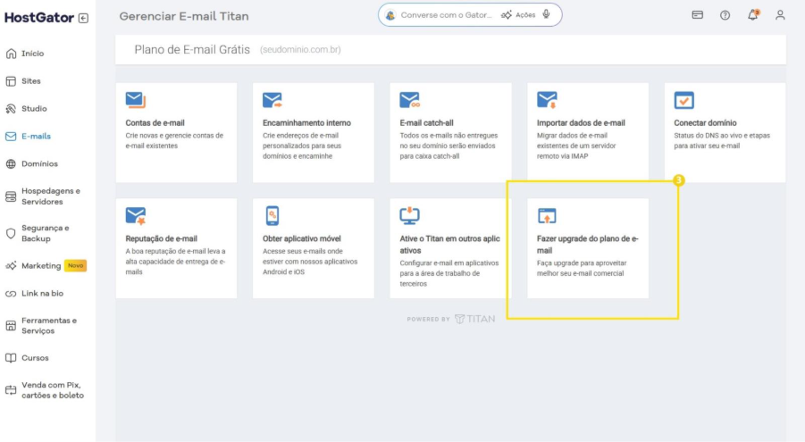 Interface de gerenciamento de e-mails Titan com a opção "Fazer upgrade do plano de e-mail" destacada na tela de visão geral. 