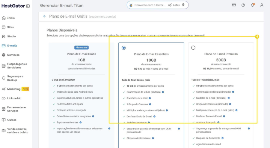 Interface de gerenciamento de e-mails HostGator exibindo a seção de "Planos Disponíveis". 