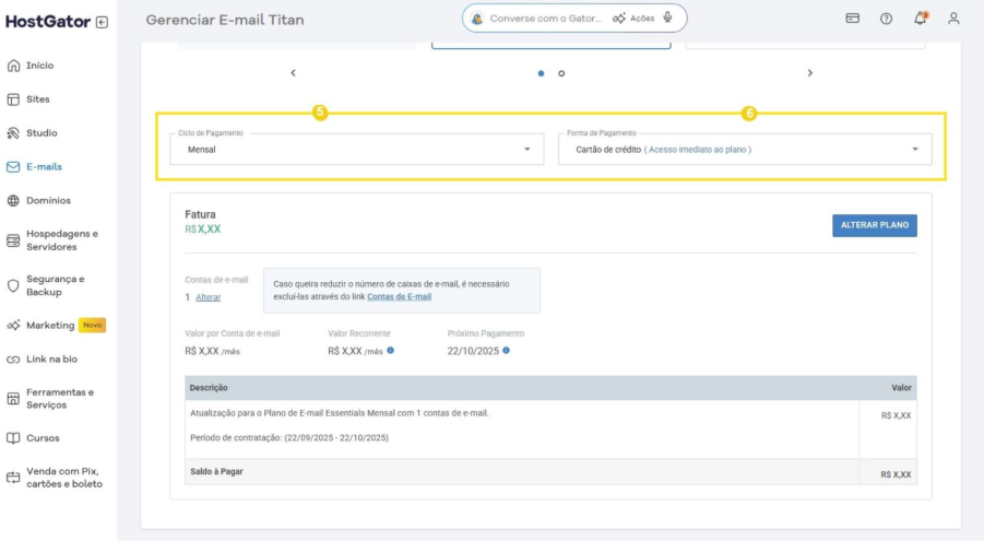 Tela de gerenciamento do plano E-mail Titan, apresentando as opções de ciclo do pagamento e Formas de pagamento, juntamente com os detalhes da fatura e a descrição da alteração.
