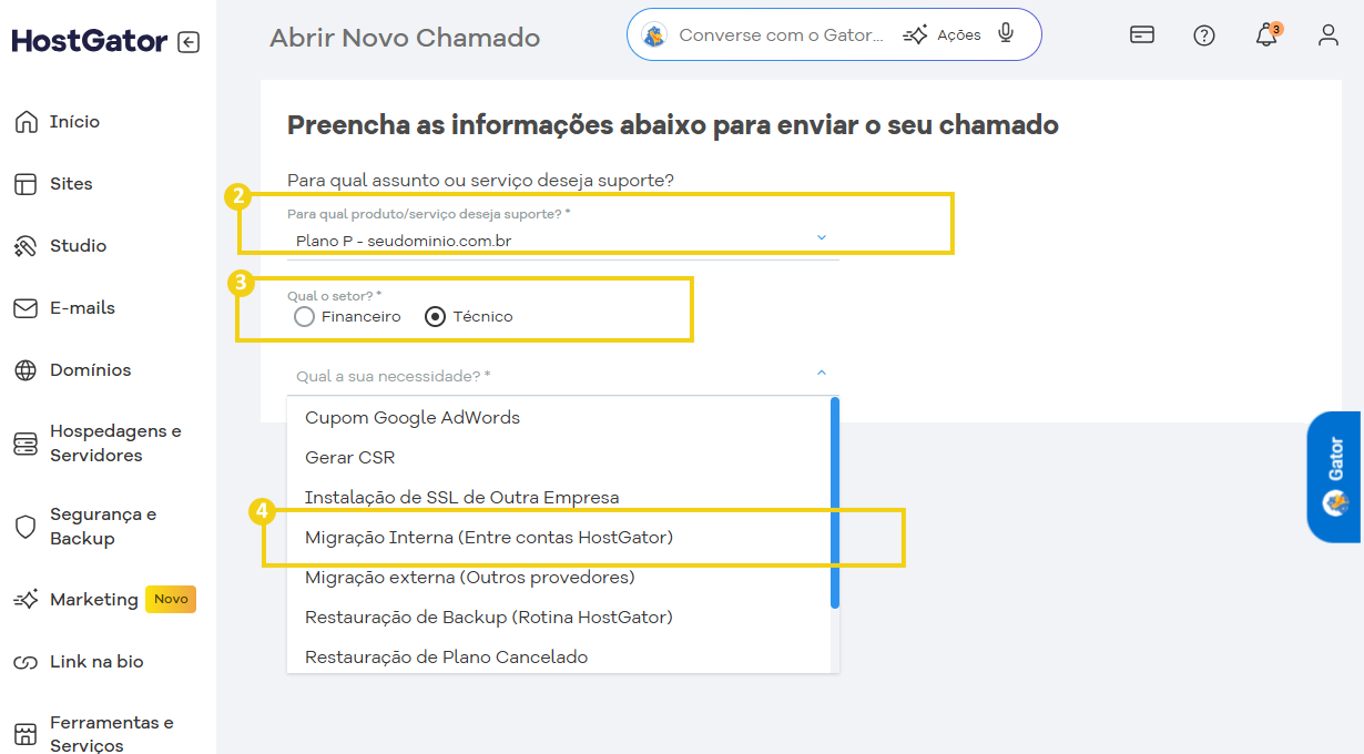 Tela de abertura de chamado para escolher o plano, setor técnico e a opção migração interna - Entre contas HostGator