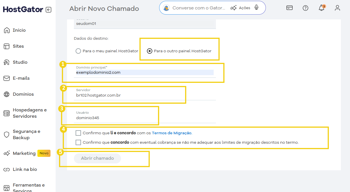 Tela de abertura de chamado para confirmar os termos e abrir o chamado