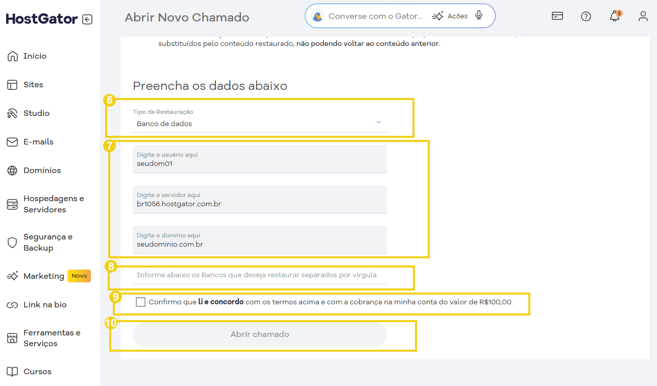 Tela do painel do HostGator mostrando o processo de abertura de um novo chamado, preenchendo dados e confirmando a autorização, com foco na interface de usuário.