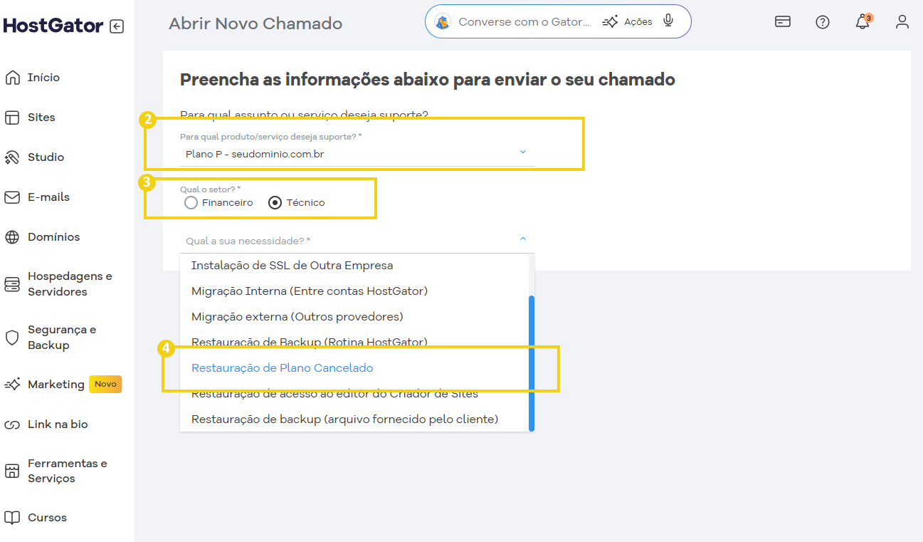 Tela do painel do HostGator para abrir um novo chamado, onde o usuário pode escolher entre suporte técnico, financeiro ou geral.