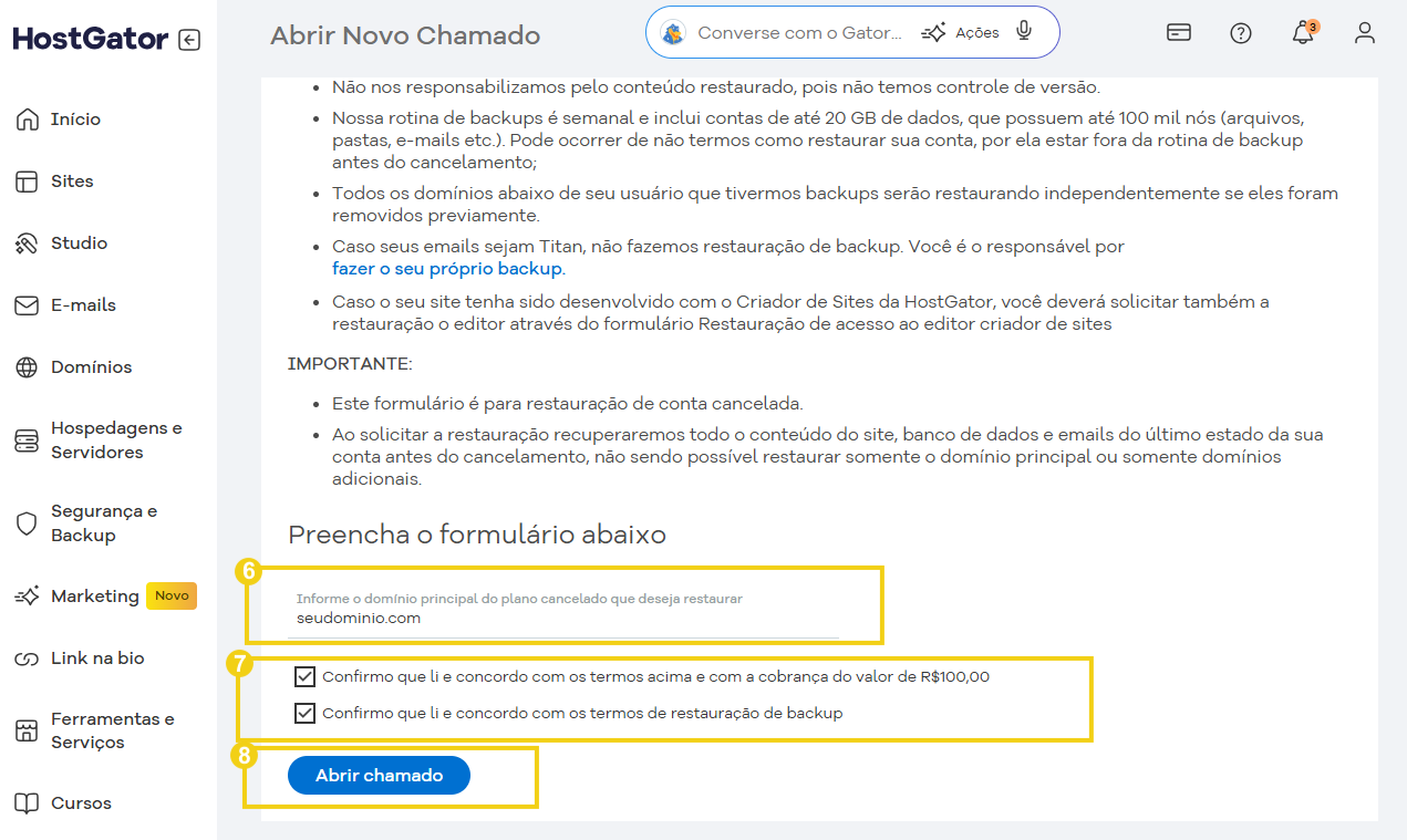 Online mostrando passos para restaurar plano cancelado, incluindo formulário, backup, e orientações importantes.