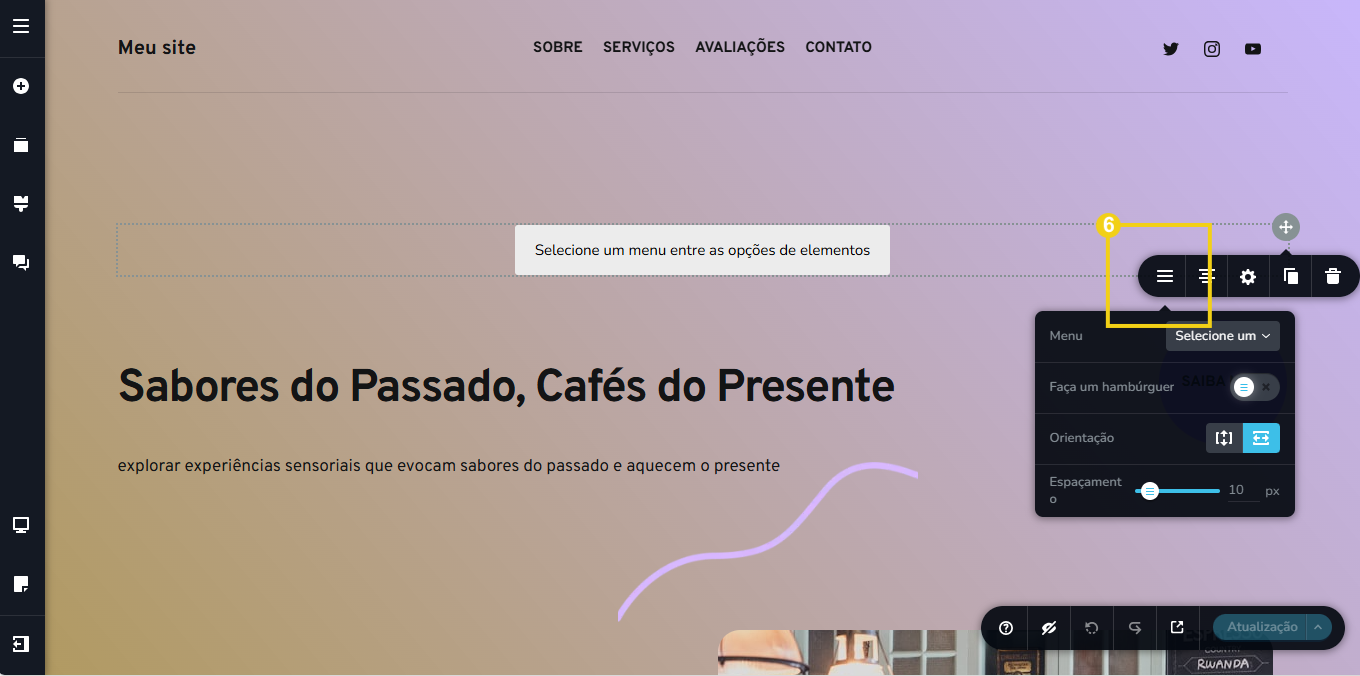 Imagem mostra que se abre o menu de ferramentas e deve-se clicar no primeiro ícone que corresponde a configuração do menu que deseja adicionar