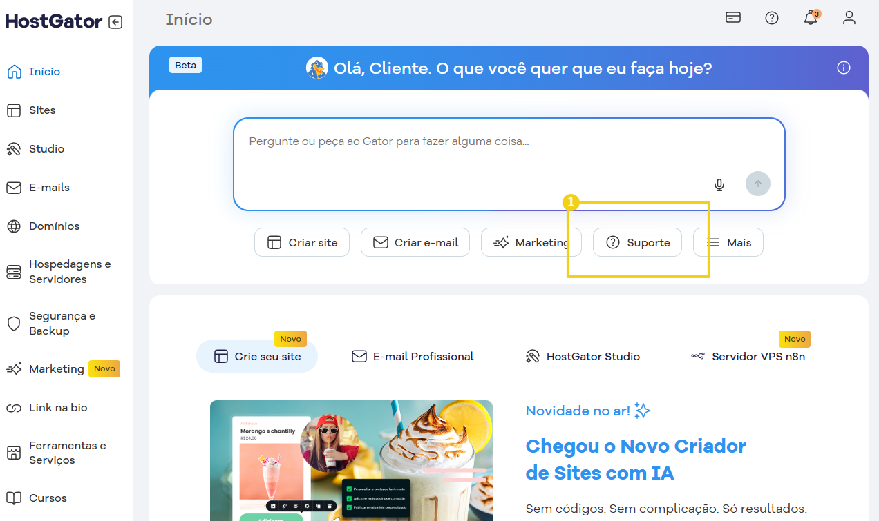 Imagem do Portal do Cliente com a marcação no botão suporte dentro da caixa do dialogo do gator IA
