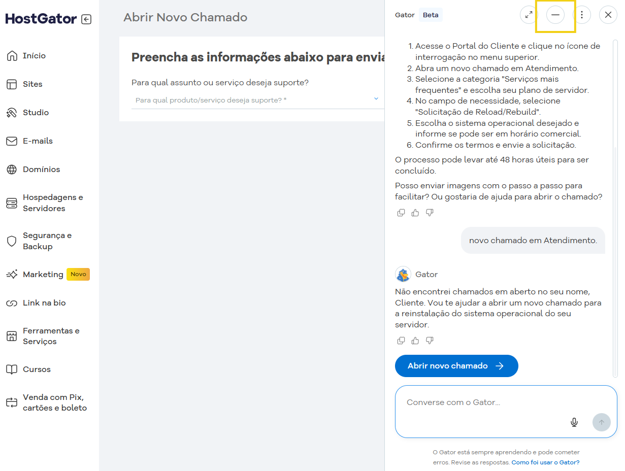 tela do portal mostrando no gator ia o botão para minimizar ele