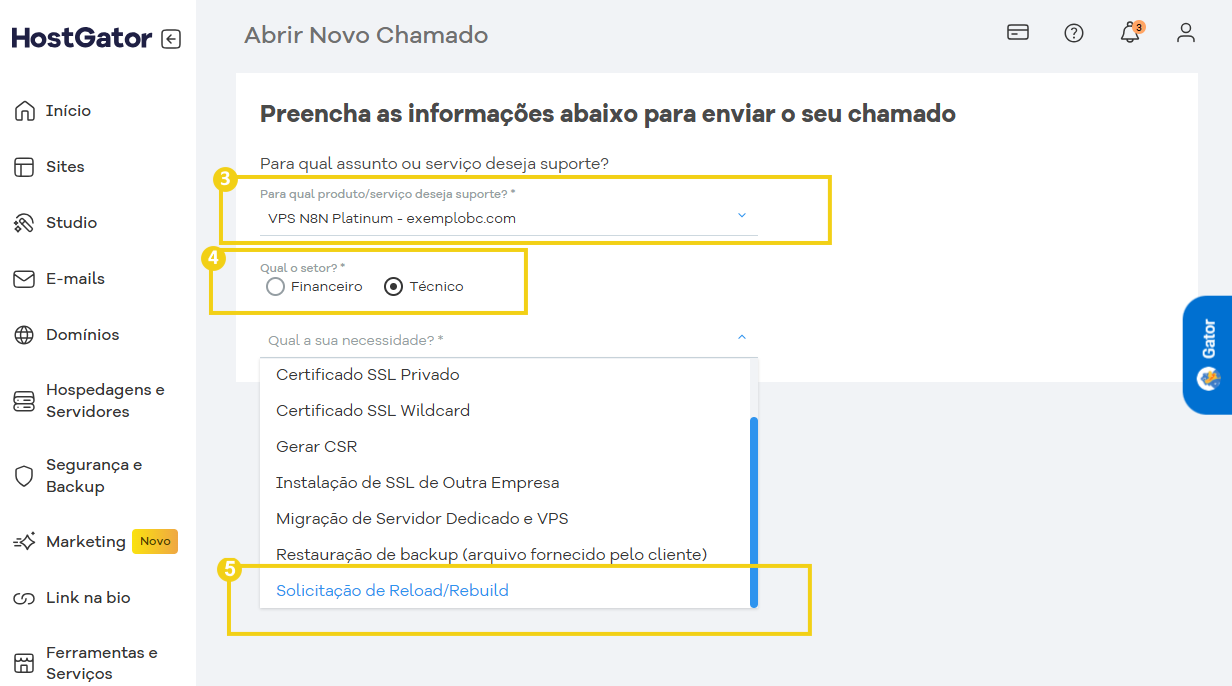 Tela do painel do HostGator mostrando opções para abrir um novo chamado, incluindo os detalhes do produto, setor e tipo de solicitação.