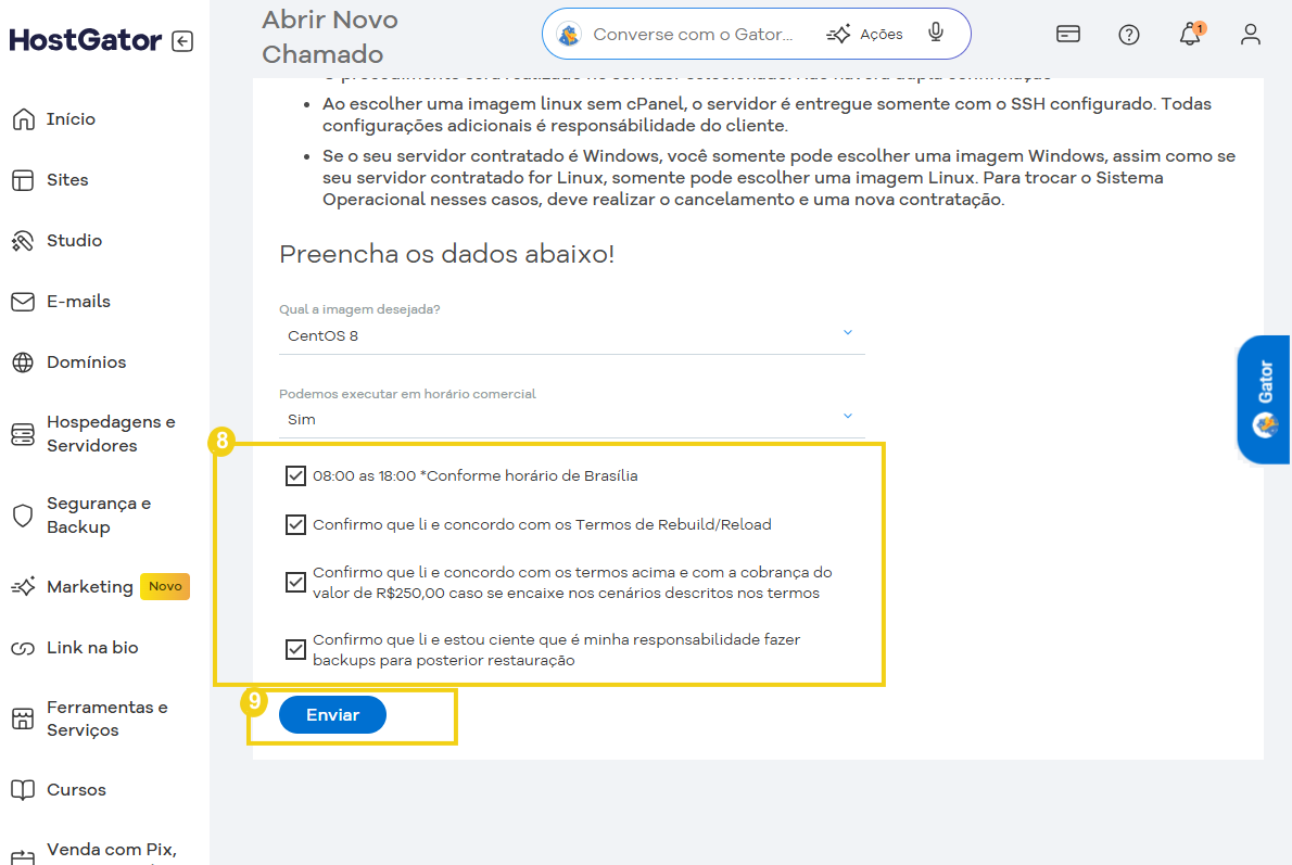 Imagem do painel de controle no HostGator mostrando configurações para trocar o sistema operacional por Linux, incluindo opções de horário, termos e backups.
