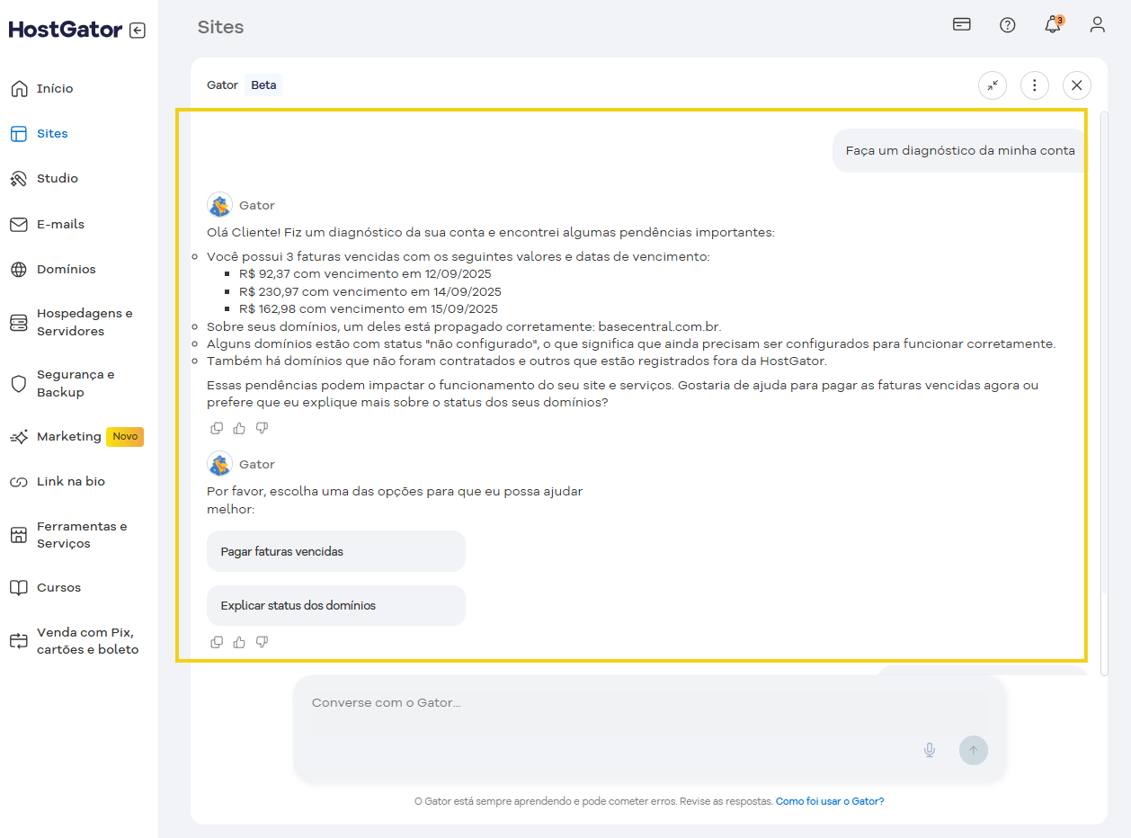 Imagem mostrando o resultado do diagnostico de suporte