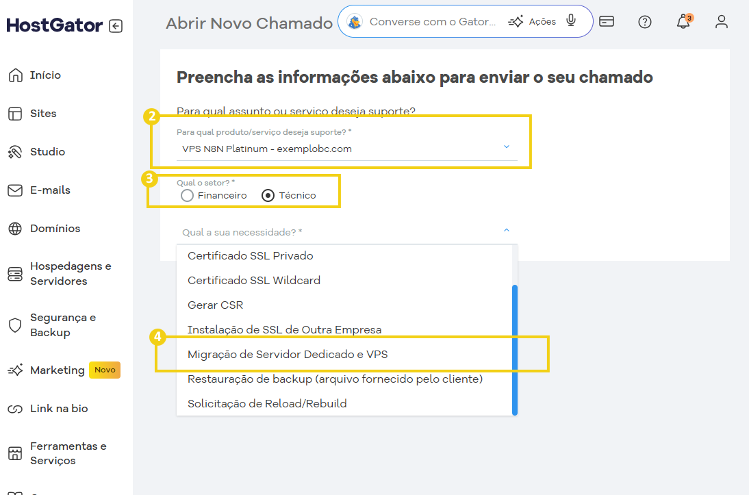 Tela de suporte da HostGator com campos para solicitar ajuda sobre VPS Optimized e Migração de Servidor Dedicado e VPS.