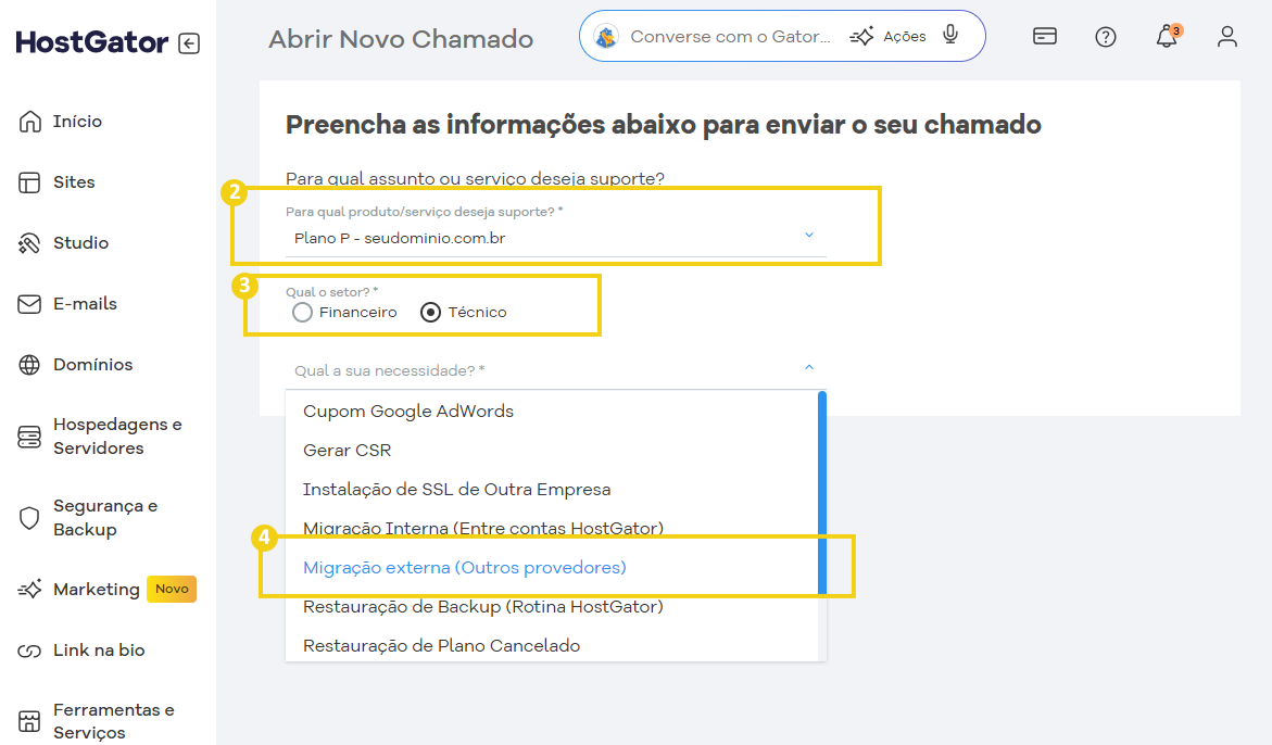 Tela abertura do chamado mostrando campos para preenchimento de informações