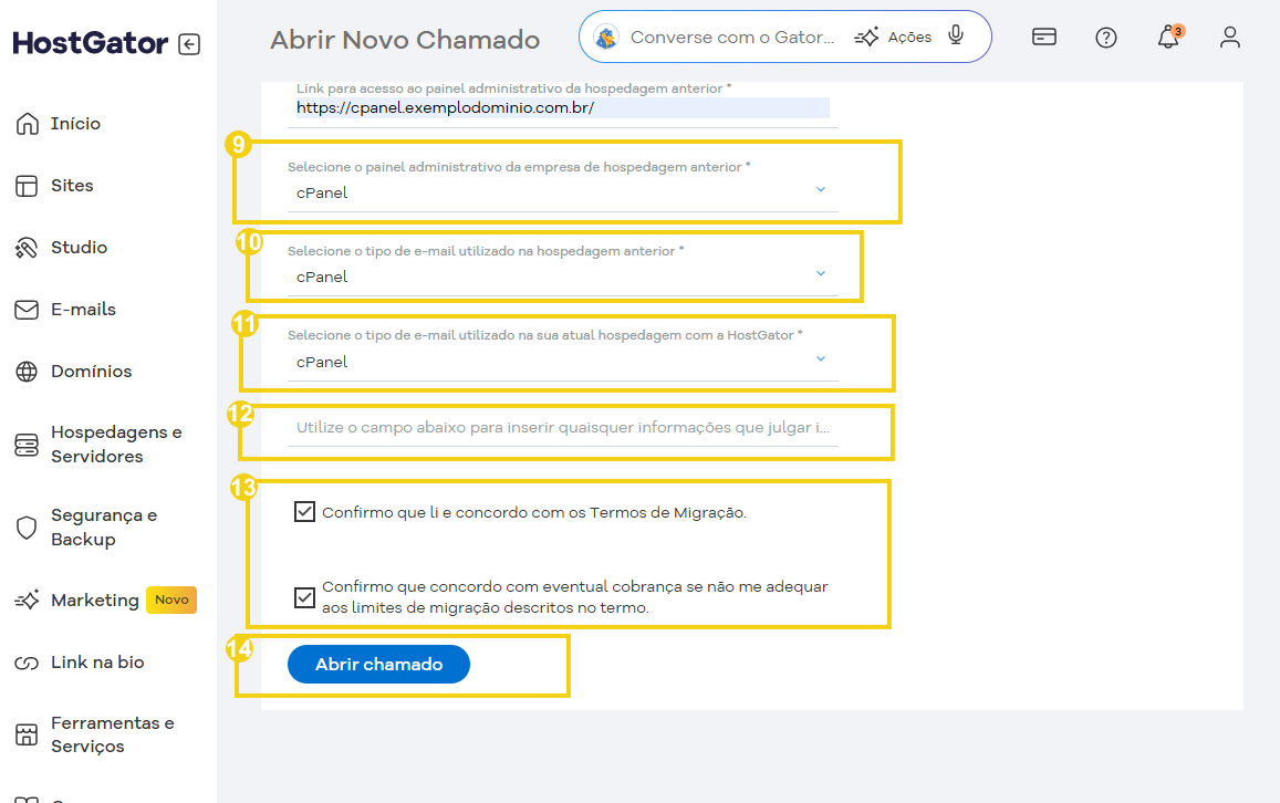Tela abertura do chamado com campo de mais informações, termos e botão enviar