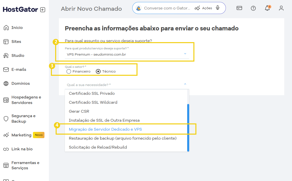 Tela de abertura de chamado para escolher o plano VPS e Dedicado