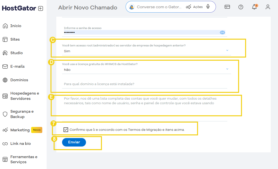 Tela abertura de chamado com o botão enviar chamado migração VPS e Dedicado