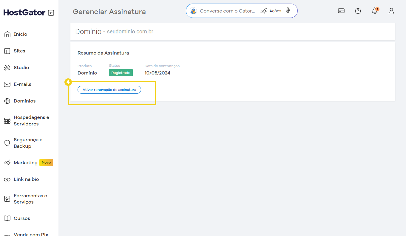 Tela de gerenciamento de assinatura no painel do HostGator, mostrando a opção para ativar a renovação da assinatura de domínio no painel de controle.