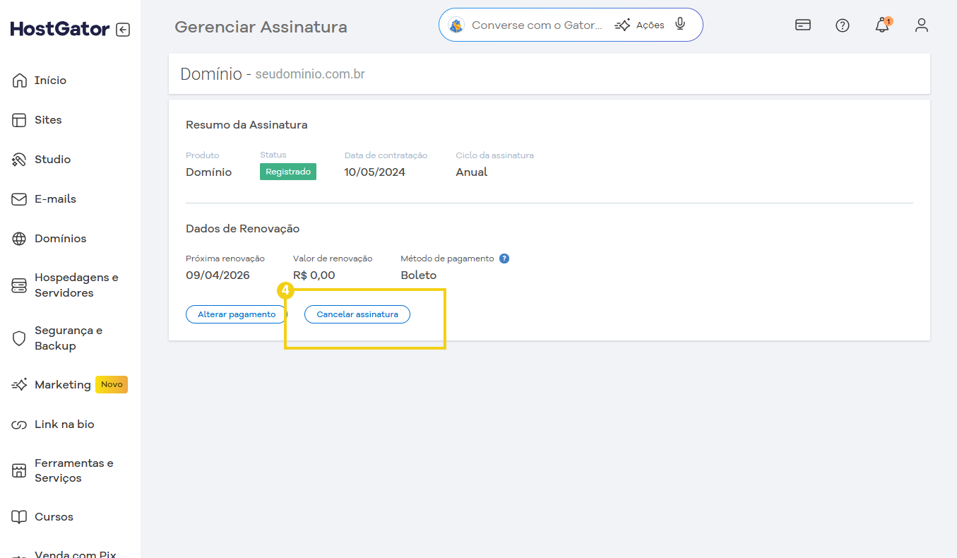 : Tela do painel de gerenciamento de assinatura no HostGator mostrando opções de alterar pagamento e cancelar assinatura