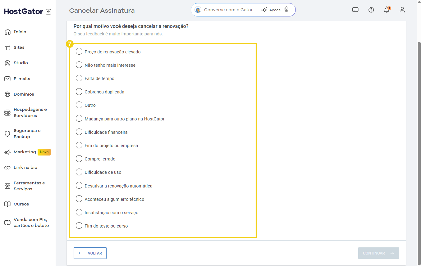 Página de cancelamento de assinatura no painel HostGator, destacando as razões para cancelar a renovação, como falta de interesse, mudança de plano e dificuldades técnicas.