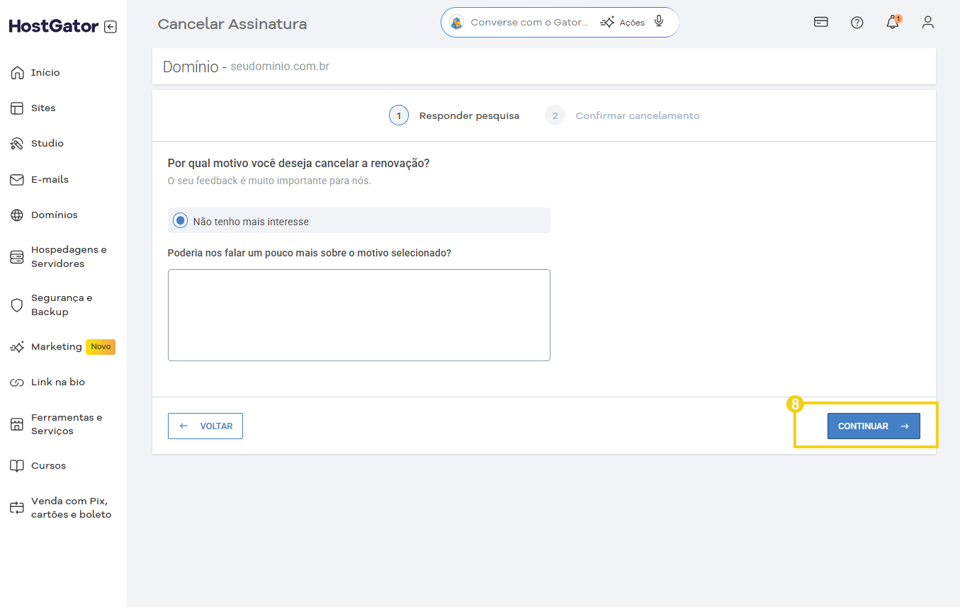 Tela do portal do cliente, com campo para descrever motivação de cancelamento e destaque ao botão 'continuar'