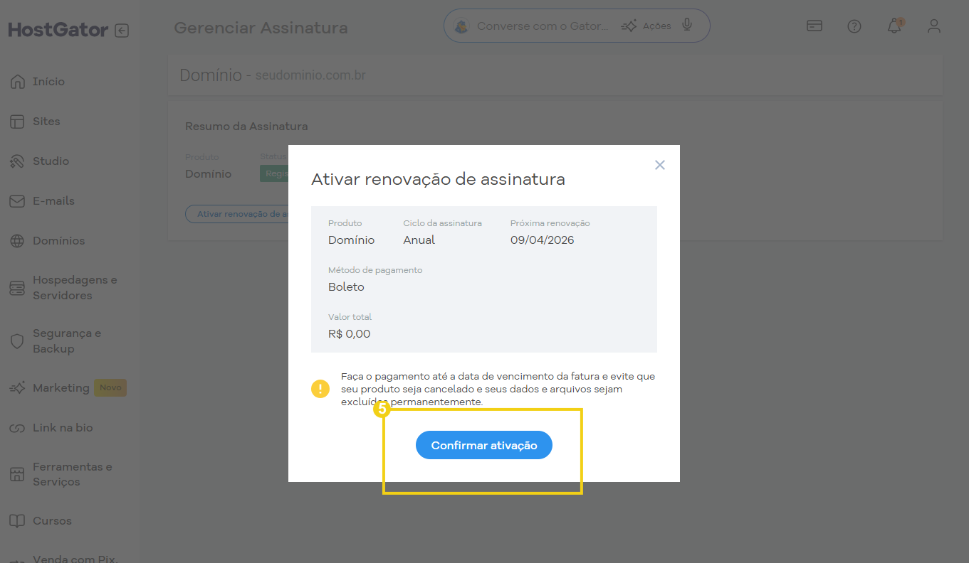 Tela do Portal do cliente, com destaque a opção "ativar renovação"