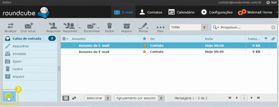 Tela de gerenciamento de e-mails mostrando a opção de abrir configurações