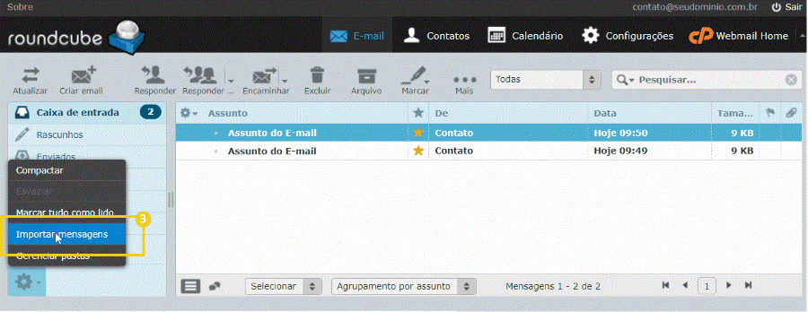 Tela de navegação no sistema Roundcube mostrando opções de importar mensagens e gerenciamento de emails