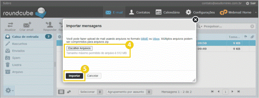 Imagem mostrando o processo de importação de mensagens no Roundcube, com destaque para a escolha do arquivo e o botão importar.