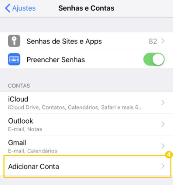 Tela de configuração do aplicativo de e-mail no iPhone, destacando a opção "Adicionar conta de e-mail".