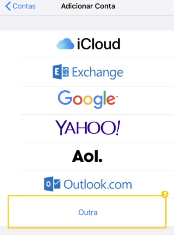 Tela de configuração do aplicativo Mail no iphone, na tela de agregar cuenta com destaque na opção "outro'