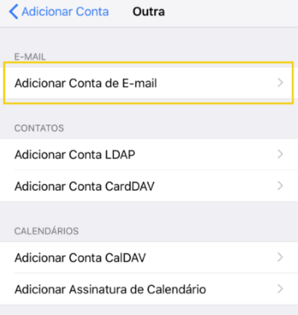 Tela de configurações de contas adicionais em um smartphone, incluindo opções para adicionar conta de e-mail, LDAP, CardDAV e calendário.