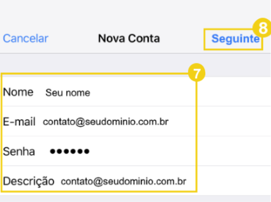Imagem mostra o preenchimento dos campos com os dados da conta de e-mail e para concluir, a indicação para clicar no botão "Seguinte"