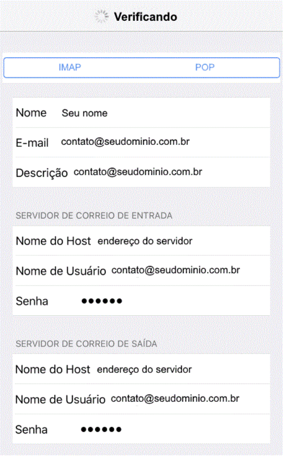 Tela de configuração de servidor de e-mail mostrando detalhes de entrada e saída, incluindo host, usuário e senha, para otimização de SEO.