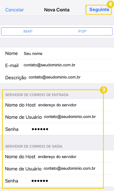 Imagem de configuração de conta de e-mail, mostrando opções de Tipo de conta, nome, e-mail e descrição, com foco na opção Seguinte