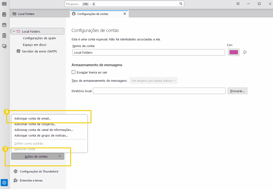 Tela de configurações de contas de email no programa Thunderbird, destacando opções para adicionar e remover contas. 