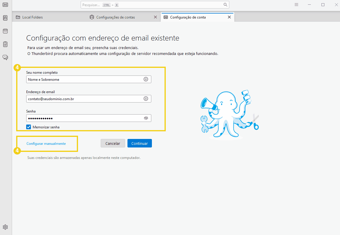 Tela de adição de uma conta de e-mail profissional no thunderbird com as opções de preenchimento das informações sobre ela.