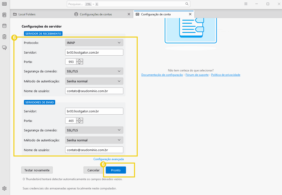 Configuração de servidor de e-mail no painel de controle, mostrando detalhes de autenticação e portas para SMTP e IMAP.