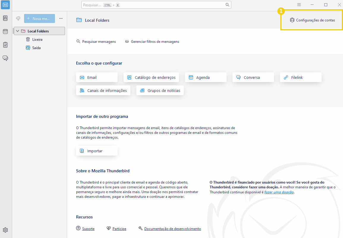 Tela inicial do Thunderbird, mostrando a opção de Configurações de conta 